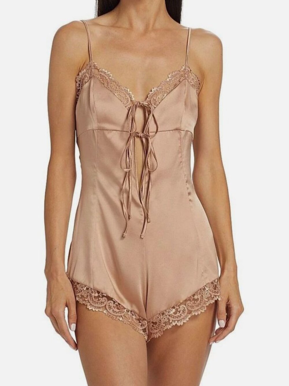 Kiki De Montparnasse Women's Beige Silk Lace Front-Tie Juliette Teddy Size M